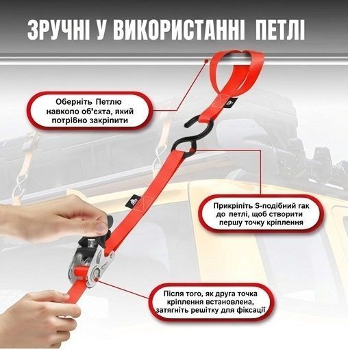 Набор стяжных ремней с храповым механизмом, S-крюками и защитными петлями (Soft Loops) 4 шт., 680 кг TORIN TRZD-RL TRZD-RL фото