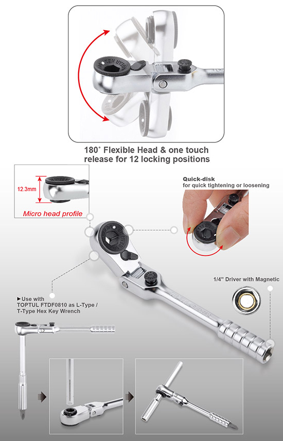 Трещотка 1/4" мини 60 зубцов с шарниром (исп. с FTDF0810) CHEV0811 TOPTUL